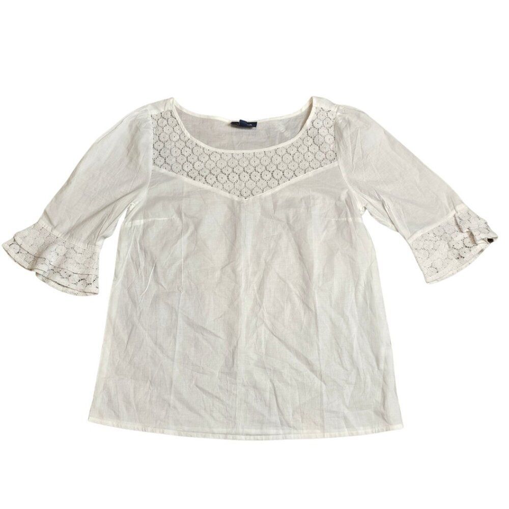 MODCLOTH White 100% Cotton Floral Lace Prarie Beachy Ruffle Sleeve NWT Blouse M